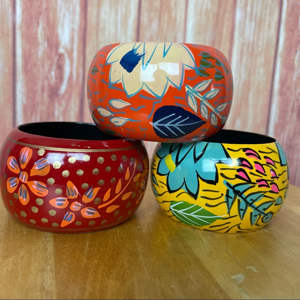 Stackable Wide Wooden Chunky Painted Bracelets (3… - image 1